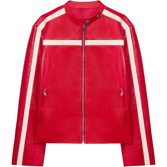 Women's Red Faux Leather Zip Up Moto Biker Y2K Racing Bomber Jackets - Picture 8 of 8